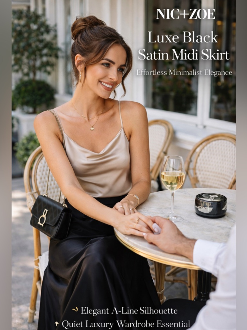 NIC+ZOE Black Satin Midi Skirt | Luxe A-Line Silhouette Minimalist Designer Chic